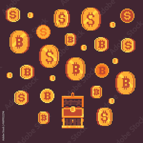 bitcoin and golden coints with open chest, pixel art vector illustration.