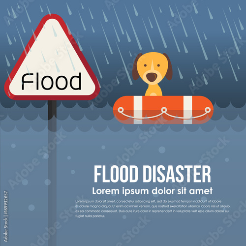 Flood disaster with flood warning banner and dog on Lifebuoy in flood water and rain vector design