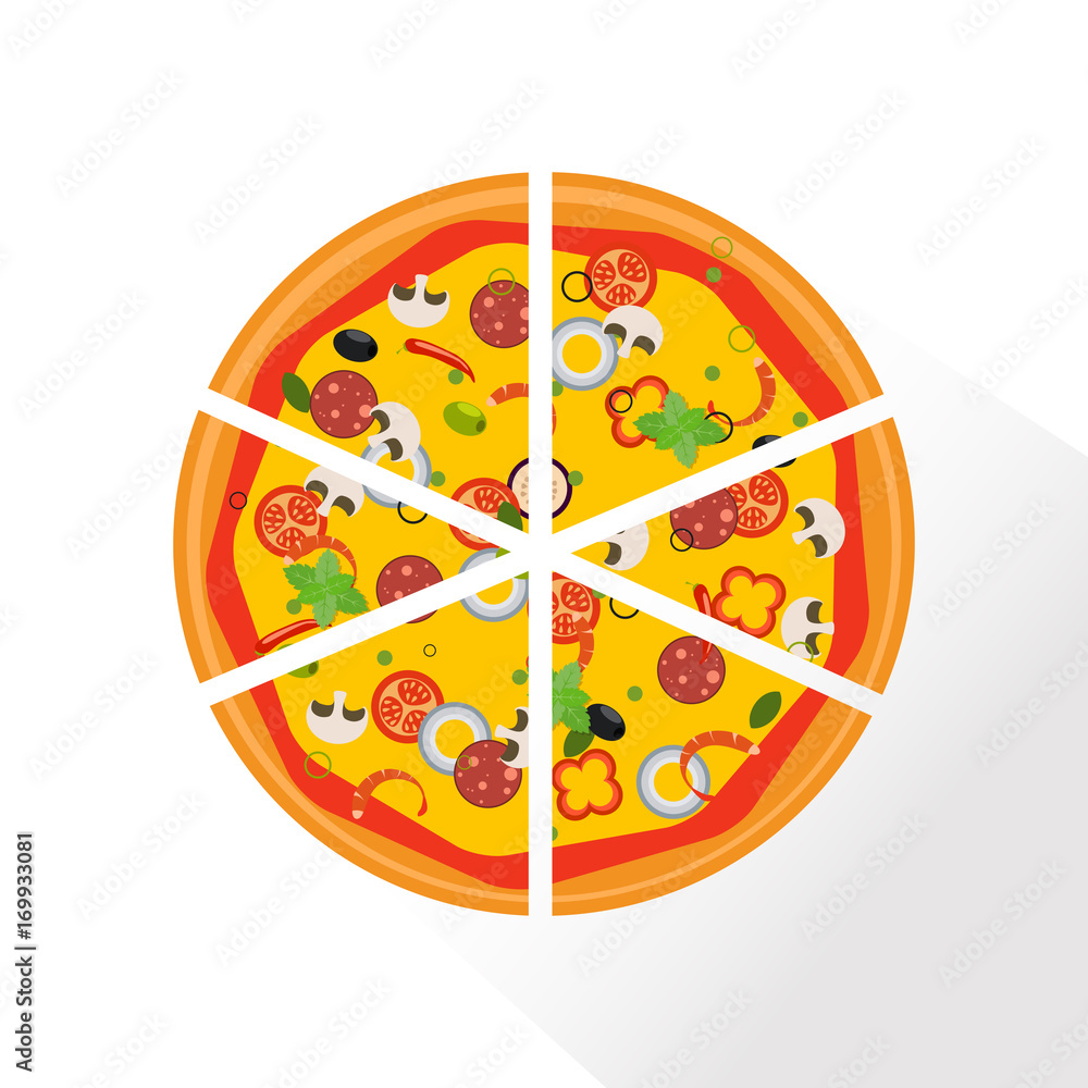 Isolated pizza, traditional ingredients for the pizza. Vector Illustration.