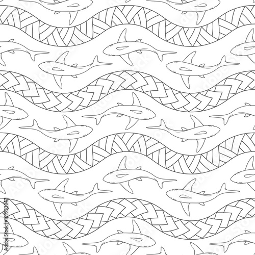 Seamless pattern with sharks and Polynesian symbols. Vector illustration.