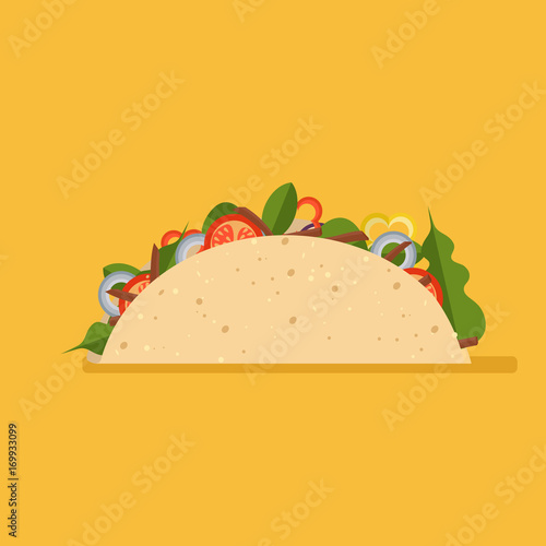 Vector illustration flat style. Taco mexican food isolated on background. Taco fast food, icon