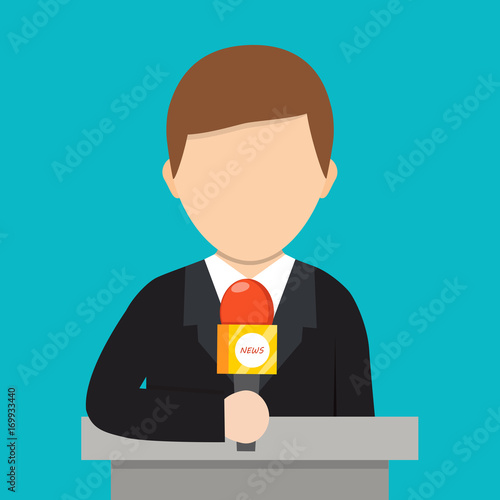 Cartoon vector illustration. Breaking news concept. Correspondent with microphone, news reporter.