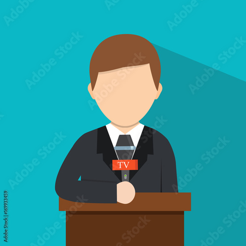 Cartoon vector illustration. Breaking news concept. Correspondent with microphone, news reporter.