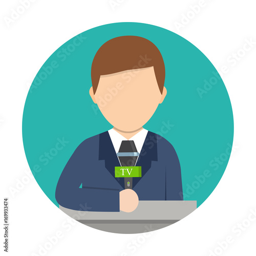 Cartoon vector illustration. Breaking news concept. Correspondent with microphone, news reporter.