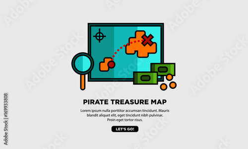 Pirate Treasure Map With Text Box and 'Find It' Button (Treasure Map Hunt With Magnifying Glass and Money Line Icon Quote Poster Design)