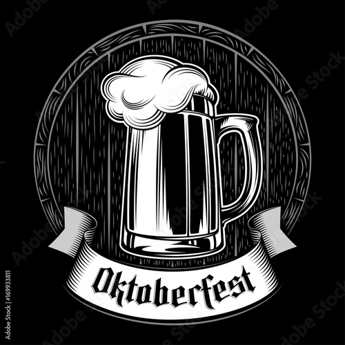 Glass mug of craft beer on the background of wooden barrel. The ribbon with gothic lettering Oktoberfest. Vector print from ink hand drawing stamp in vintage black and white retro style. Dark version