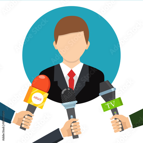 Businessman gives a reporter interview. Press conference. Live report, live news concept. Vector illustration