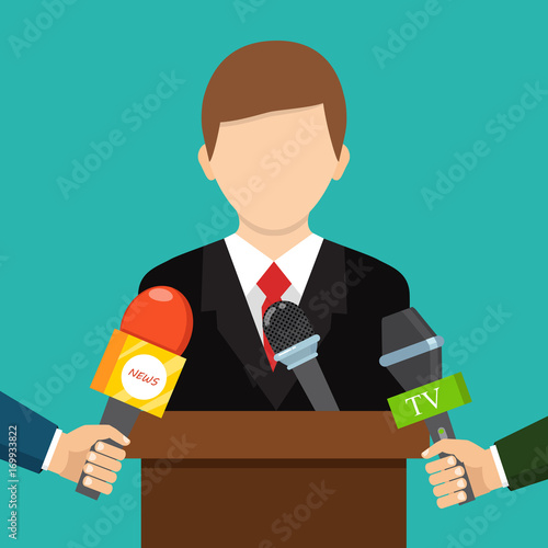 Businessman gives a reporter interview. Press conference. Live report, live news concept. Vector illustration