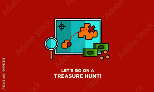 Pirate Treasure Map With Text Box and 'Find It' Button (Treasure Map Hunt With Magnifying Glass and Money Line Icon Quote Poster Design)