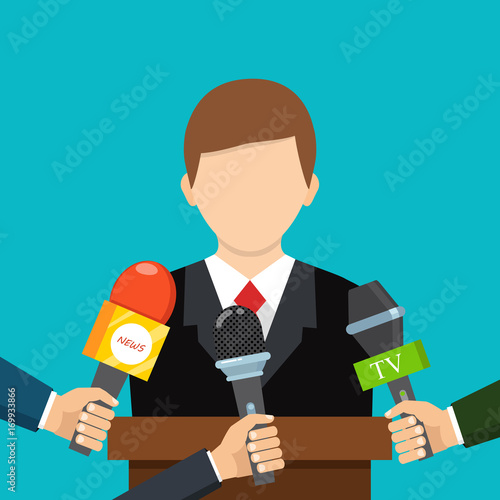 Businessman gives a reporter interview. Press conference. Live report, live news concept. Vector illustration