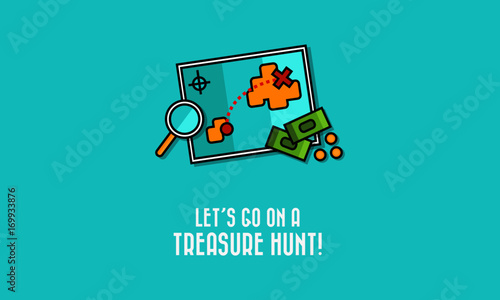 Pirate Treasure Map With Text Box and 'Find It' Button (Treasure Map Hunt With Magnifying Glass and Money Line Icon Quote Poster Design)