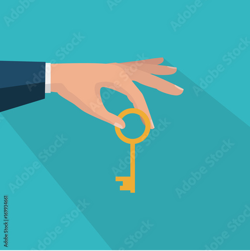 Hand holding key. Success flat icon. Buying and selling house, new apartment or car. Vector illustration