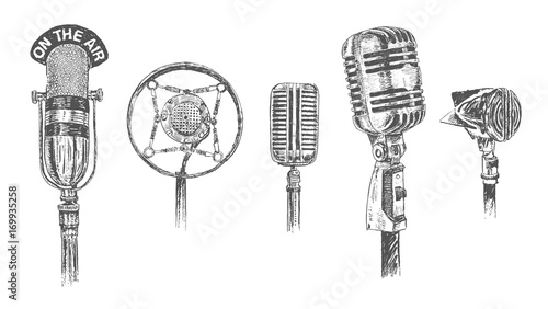 Set of microphones isolated on white background. Retro Vintage hand drawn engraving style vector illustration. Scratch board imitation