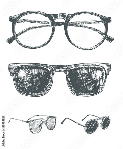 Set of eyeglasses and sunglasses. Fashion vintage elements hand-drawn collection. Engraving style retro vector lineart illustration