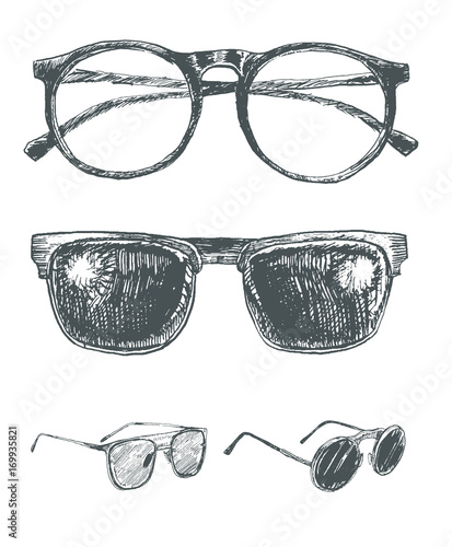 Set of eyeglasses and sunglasses. Fashion vintage elements hand-drawn collection. Engraving style retro vector lineart  illustration