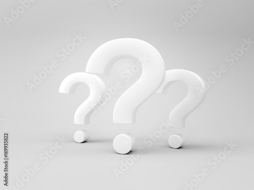 Three question signs on gray background, 3D render