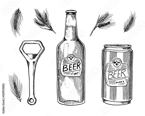 Beer glass, mug or bottle of oktoberfest. wheat or malt engraved in ink hand drawn in old sketch and vintage style for web or pub menu. design element isolated on white background.