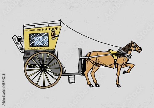 Horse-drawn carriage or coach. Travel illustration. engraved hand drawn in old sketch style, vintage transport.