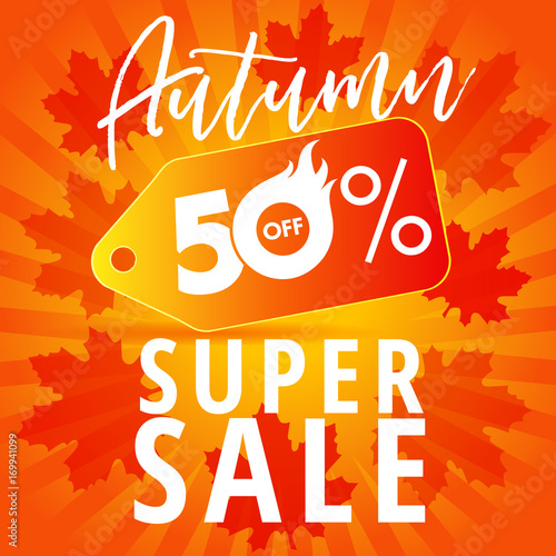 Autumn 50% off super sale banner. Autumn Sale banner with label tag 50% offer on stripes and red leaves. Vector illustration