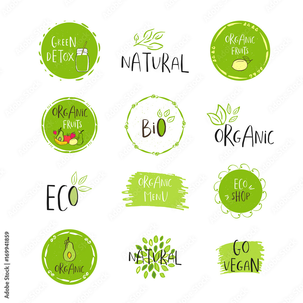 Vector eco, bio green logo or sign. Vegan, raw, healthy food bad Vector eco, bio green logo or sign. Vegan, raw, healthy food bad
