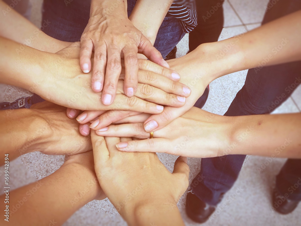 Fototapeta premium Close up the human hand unity,abstract art design,blurry light background,hands together in form of teamwork.