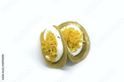 Thai Crispy Pancakes on white backgound.