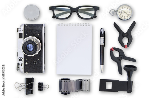 Mock-up - Retro cameras, film, pen, stopwatch, glasses, notebook, clamp