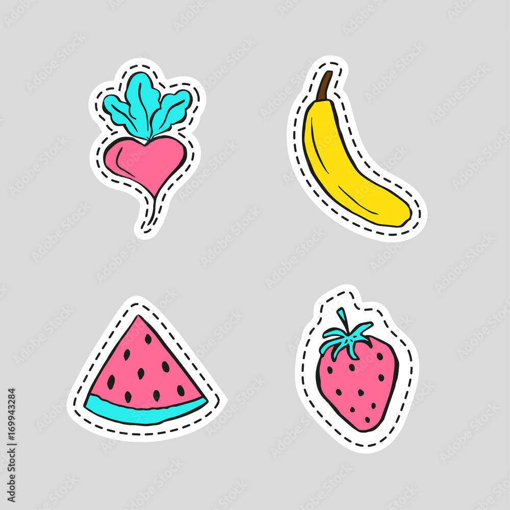 Healthy sticker, embroidery, badges  with fruits and vegetables.