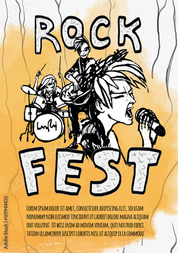 The poster for the rock festival of heavy music . Guitarist, drummer and singer on a yellow background. Rock band. Vector illustration in grunge style.