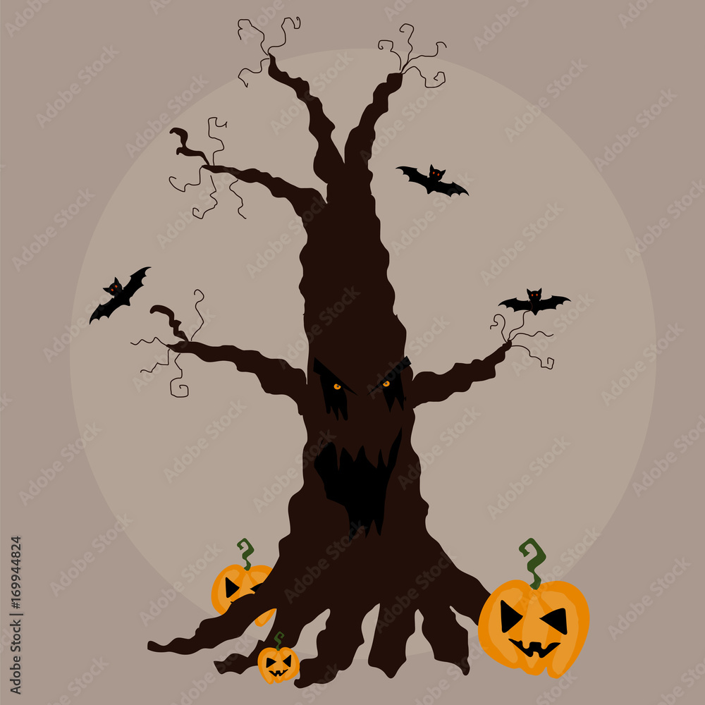 Scary tree. Halloween. Pumpkins, bats. Cartoon. Vector.