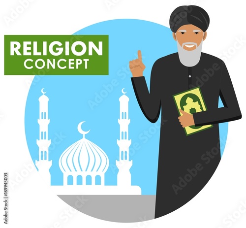 Prayer time. Religion concept. Mufti with quran standing on the background silhouette of mosque and minarets. Mulla with Koran. Muslim arabic man pray. Vector illustration.