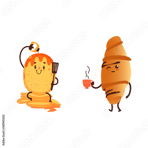Funny croissant and pancake, two breakfast characters, cartoon vector illustration isolated on white background. Funny croissant with cup of tea and pancake with strawberry sauce