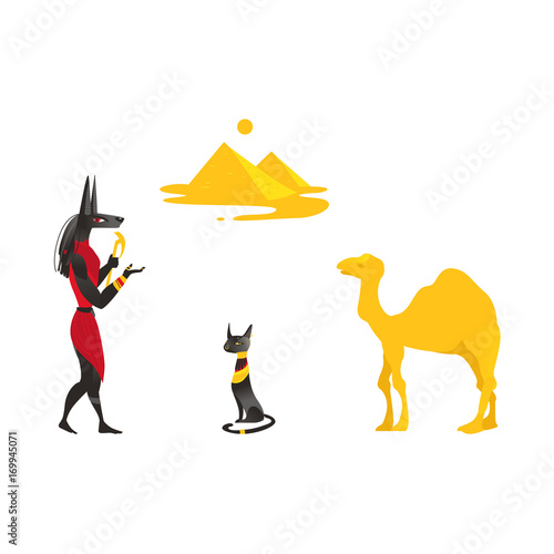 Set of Egypt symbols - Anubis, Bastet black cat, camel and pyramids, flat cartoon vector illustration isolated on white background. Set of Egyptian symbols - Anubis, black cat, camel and pyramids