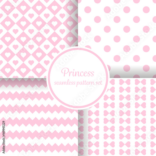 Little princess girl. Romantic pink theme with hearts and other shapes. Seamless vector pattern background set.