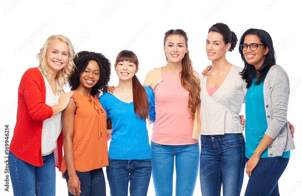 international group of happy women hugging international group of happy women hugging