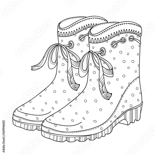 Vector illustration of outline rubber boots in black with ornate bow isolated on white background. Gumshoes for rainy weather. Waterproof footwear in contour style for autumn design or coloring book.