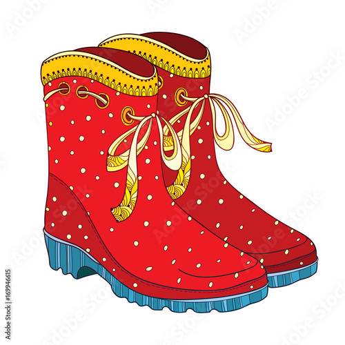 Vector illustration of outline red rubber boots with ornate bow isolated on white background. Trendy gumshoes for rainy weather. Waterproof footwear in contour style for autumn design.