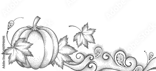 Vector autumn background with dotted maple leaves, swirls and pumpkin isolated on white background. Thanksgiving Day background. Horizontal composition in dotwork style for happy thanksgiving design.