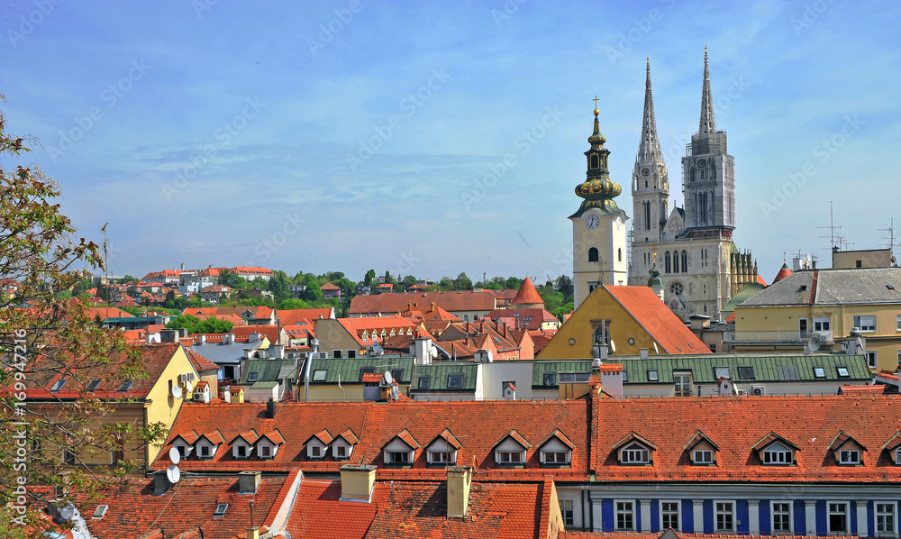 Fototapeta premium Zagreb roofs and cathedral, capital of Croatia