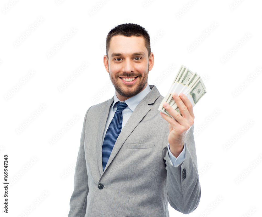 smiling businessman with american dollar money smiling businessman with american dollar money