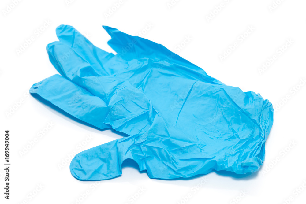 Fototapeta premium blue thin medical glove isolated on white background