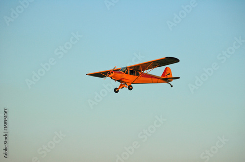 Canvas Print yellow single engine monoplane approaching for landing