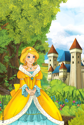Cartoon scene of beautiful princess in the forest near castle in the background - illustration for children