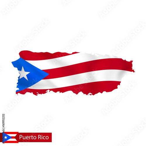 Photography Puerto Rico map with waving flag of country.