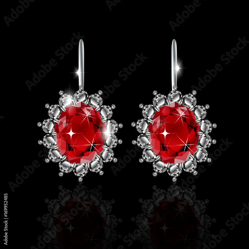 Golden earrings with ruby and diamonds