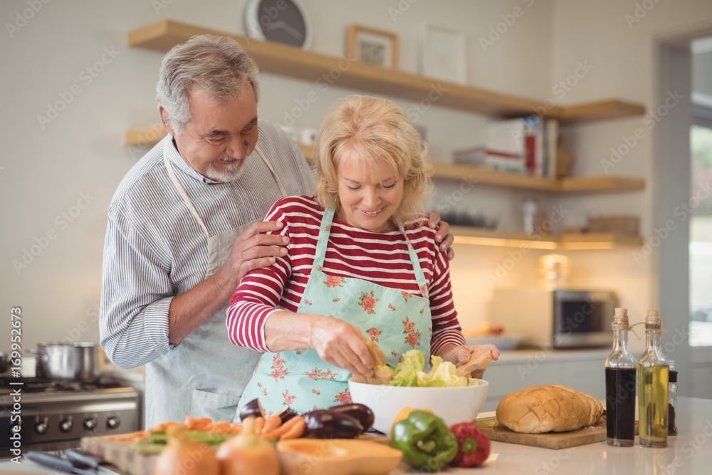 Senior couple mixing vegetables salad in bowl Senior couple mixing vegetables salad in bowl