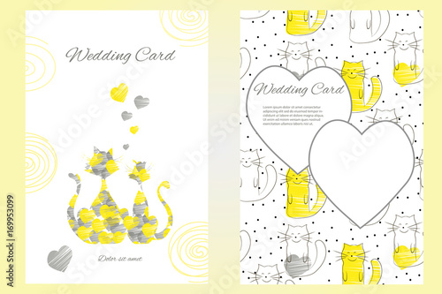 Two-sided wedding invitation template or greeting card with funny loving cats.