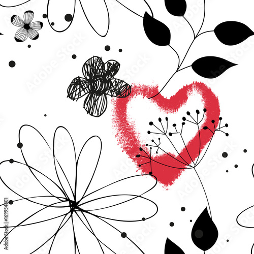 Vector seamless pattern with red watercolor heart, hand drawn abstract background