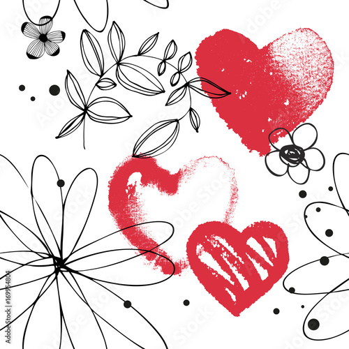 Vector seamless pattern with red watercolor hearts, hand drawn abstract background