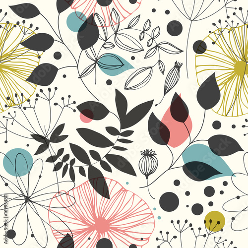 Beautiful fantasy seamless pattern. Decorative vector background with flowers and leaves. Abstract graphic texture